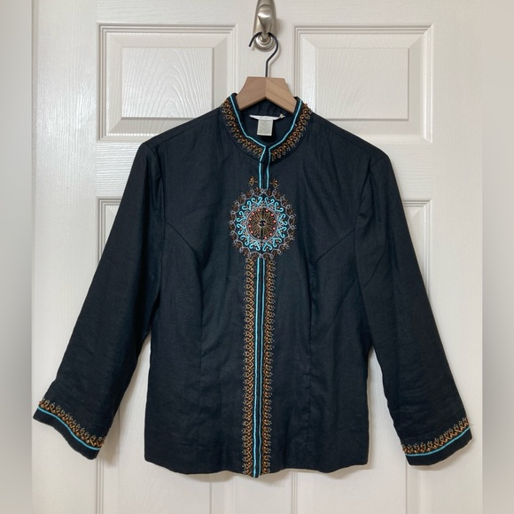 Vintage Jackets & Blazers - Vintage Women’s Beaded Embroidered Black Linen Jacket 12 Artsy Eclectic Grandma